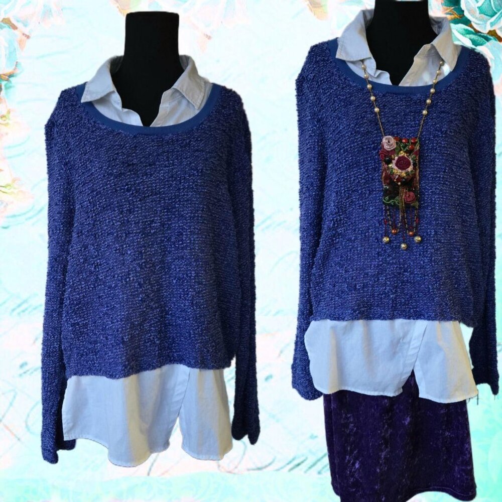 Extra Touch Blue & Metallic 2-in-1 Pullover Sweater Preppy Vtg. Knit Academia